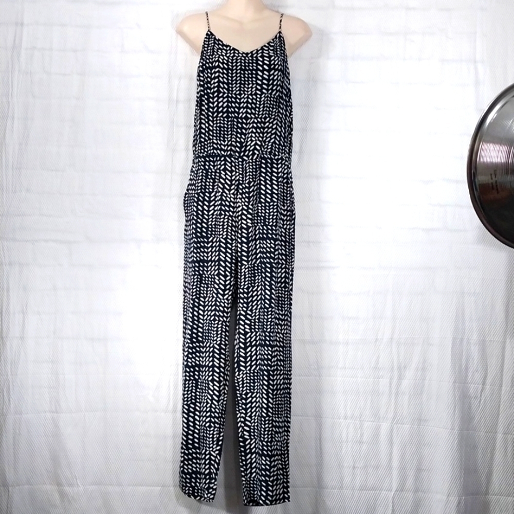 LOFT Navy and White Spaghetti Strap Jumpsuit